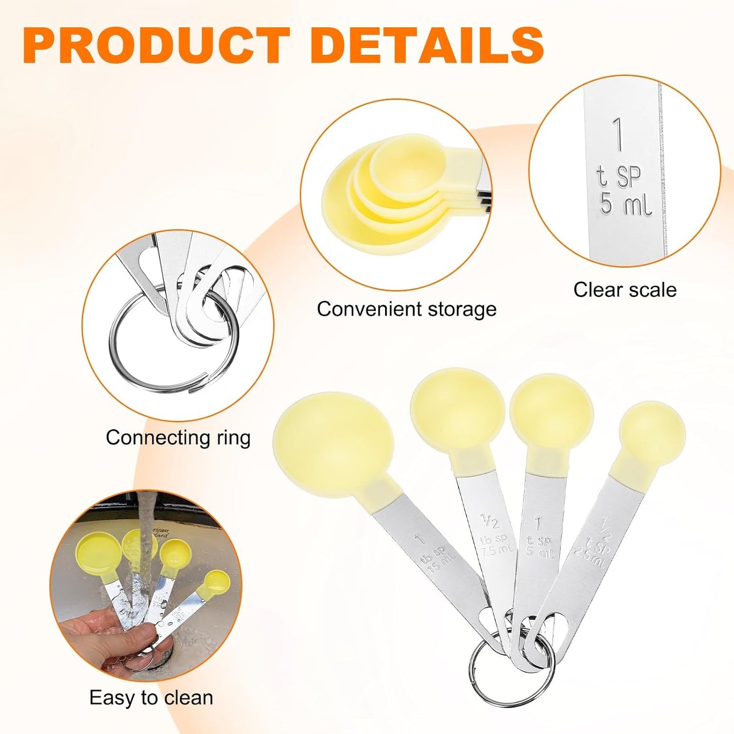 4pcs Measuring Spoon Set 1/2tsp 1tsp 1/2tbsp 1tbsp Teaspoon Tablespoon Stainless Steel Measure Scoop Cup Kitchen Gadgets for Cooking Baking, Yellow