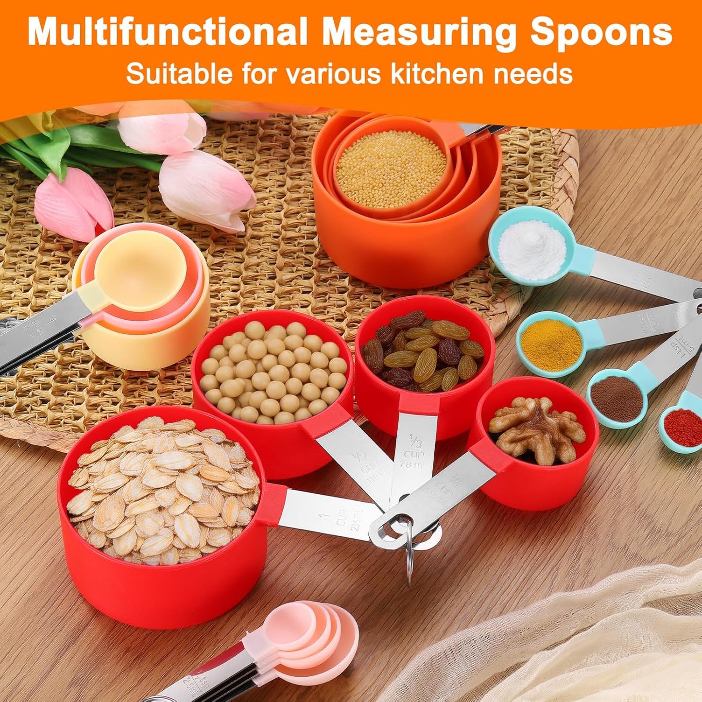 4pcs Measuring Spoon Set 1/2tsp 1tsp 1/2tbsp 1tbsp Teaspoon Tablespoon Stainless Steel Measure Scoop Cup Kitchen Gadgets for Cooking Baking, Yellow