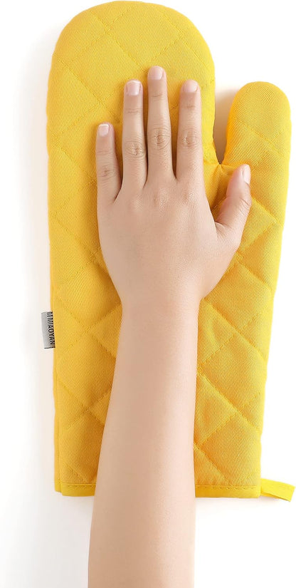 Oven Mitts and Pot Holders 4 pcs Set,High Heat Resistant 500 Degree Extra Thicken Long Kitchen Cotton Oven Glove for Cooking (12 Inch,Yellow)