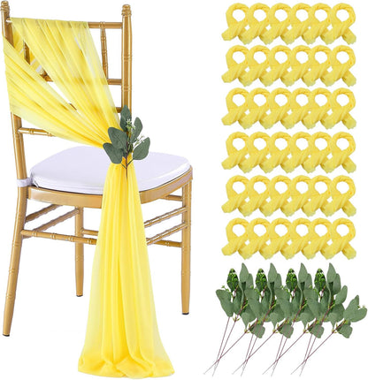 Yellow Chair Sashes Wedding: 36 Pieces Long Sheer Wedding Aisle Chair Decorations Tulle Chairs Covers with Artificial Eucalyptus
