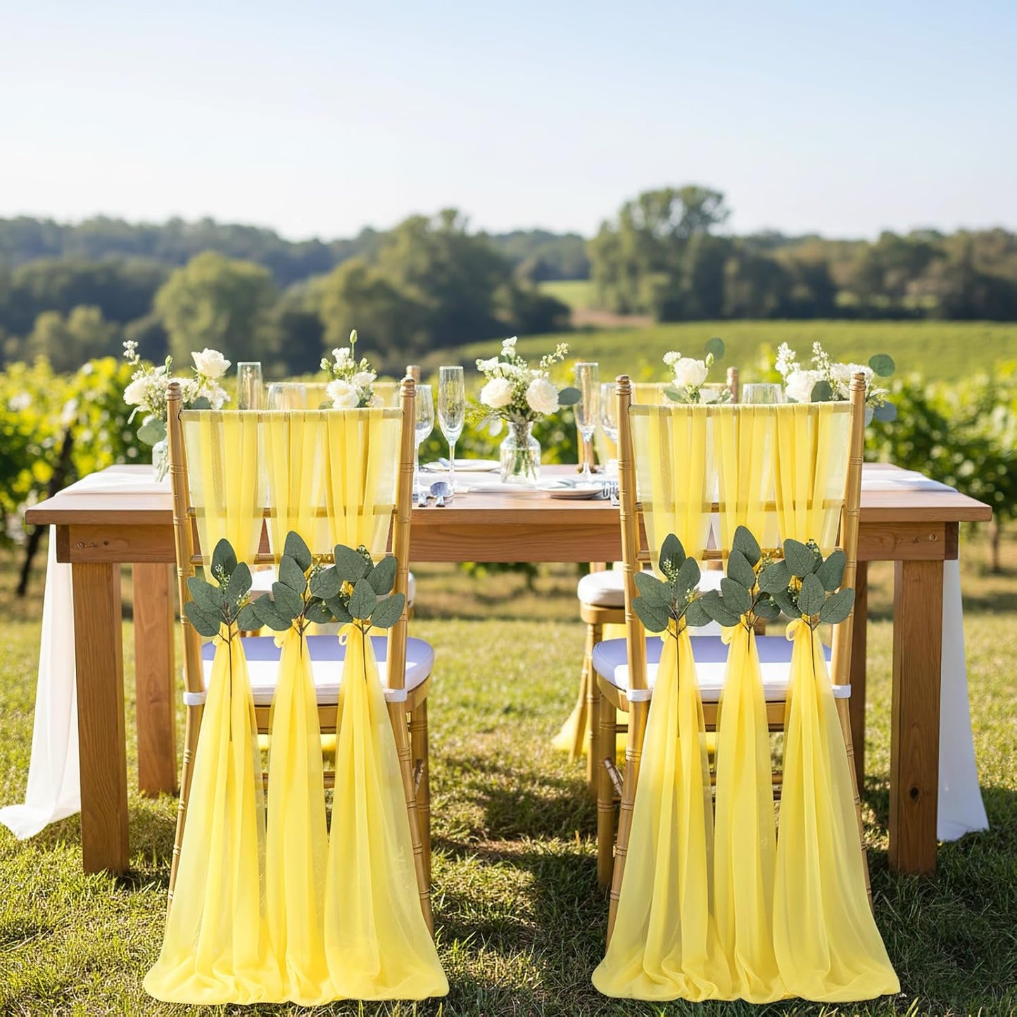 Yellow Chair Sashes Wedding: 36 Pieces Long Sheer Wedding Aisle Chair Decorations Tulle Chairs Covers with Artificial Eucalyptus