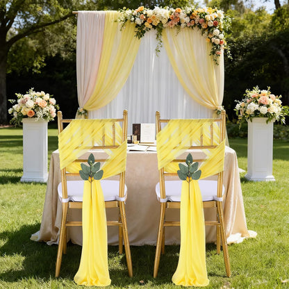 Yellow Chair Sashes Wedding: 36 Pieces Long Sheer Wedding Aisle Chair Decorations Tulle Chairs Covers with Artificial Eucalyptus
