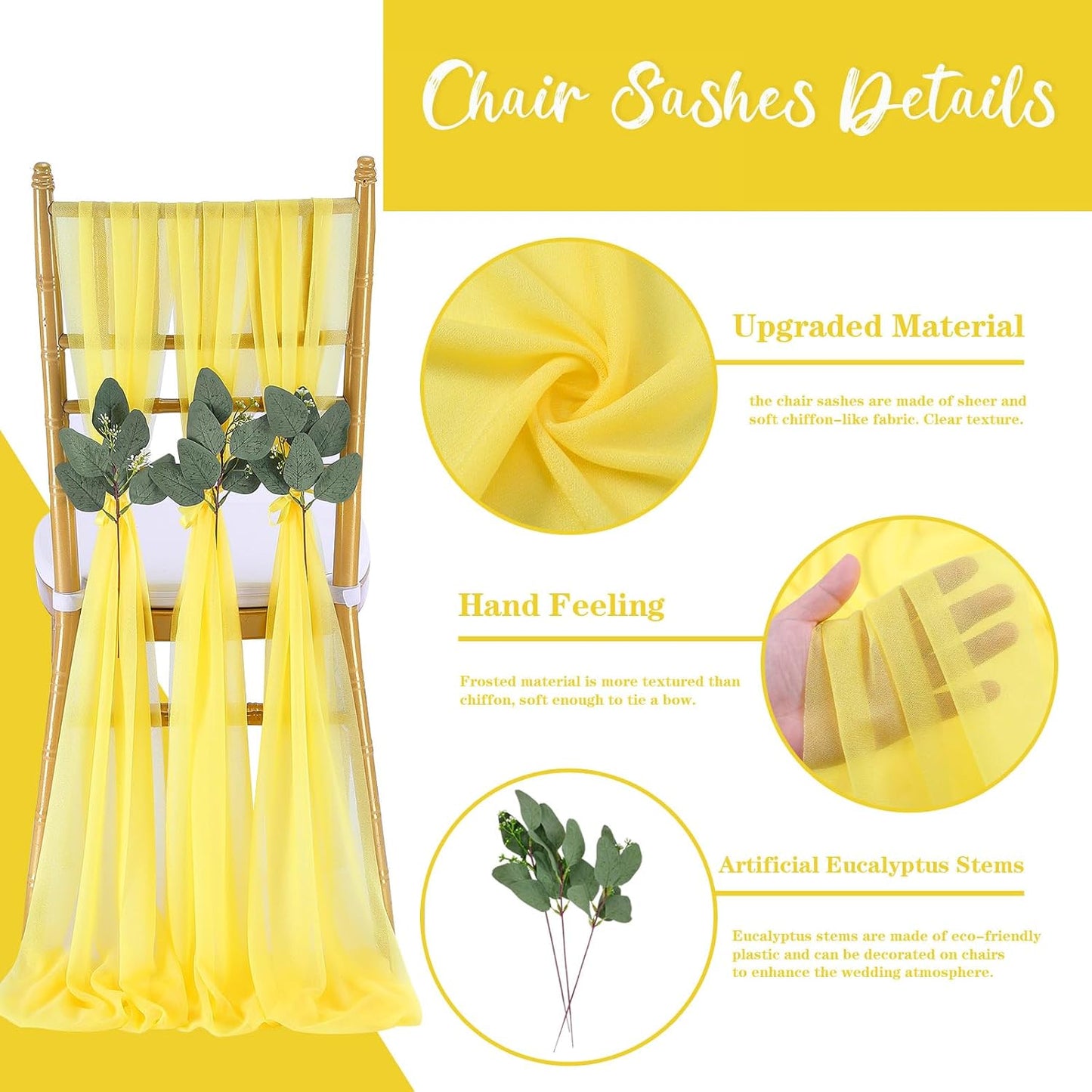 Yellow Chair Sashes Wedding: 36 Pieces Long Sheer Wedding Aisle Chair Decorations Tulle Chairs Covers with Artificial Eucalyptus