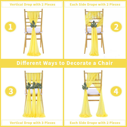 Yellow Chair Sashes Wedding: 36 Pieces Long Sheer Wedding Aisle Chair Decorations Tulle Chairs Covers with Artificial Eucalyptus