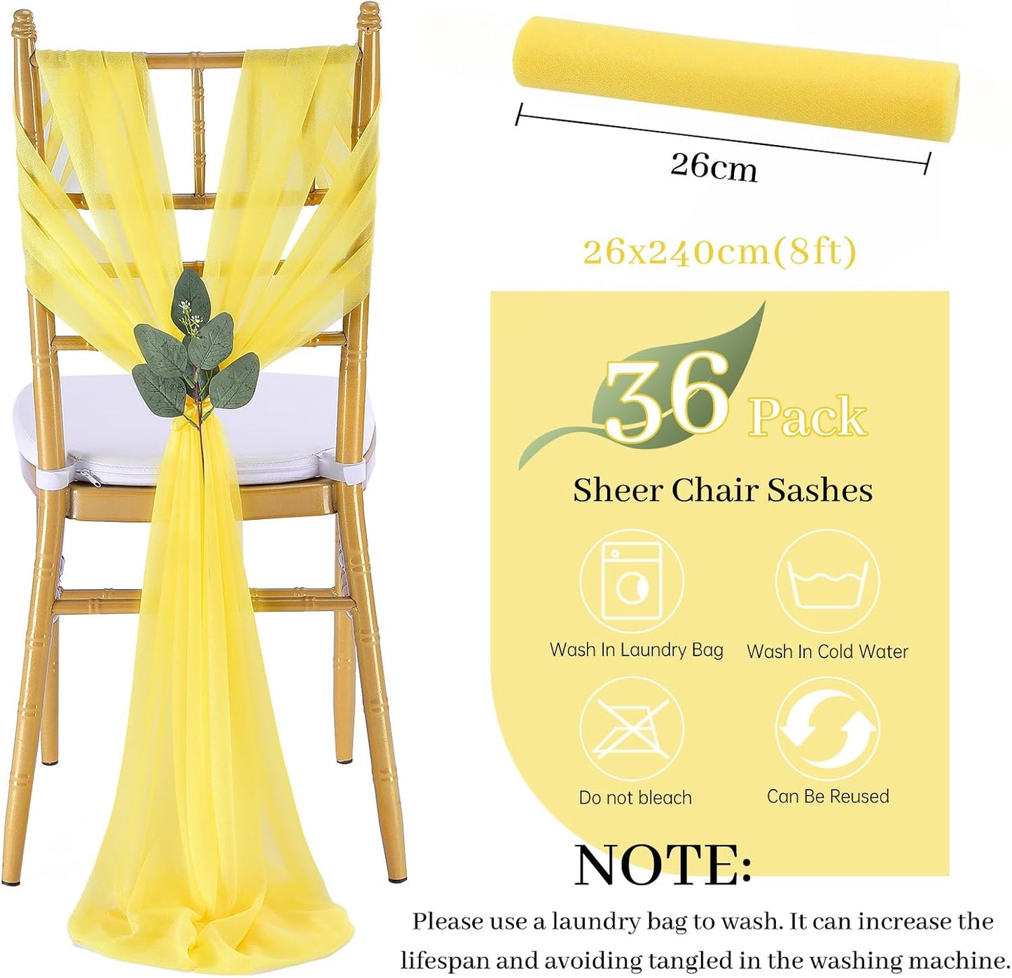 Yellow Chair Sashes Wedding: 36 Pieces Long Sheer Wedding Aisle Chair Decorations Tulle Chairs Covers with Artificial Eucalyptus