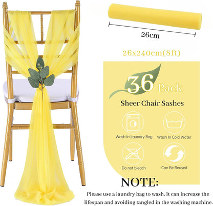 Yellow Chair Sashes Wedding: 36 Pieces Long Sheer Wedding Aisle Chair Decorations Tulle Chairs Covers with Artificial Eucalyptus