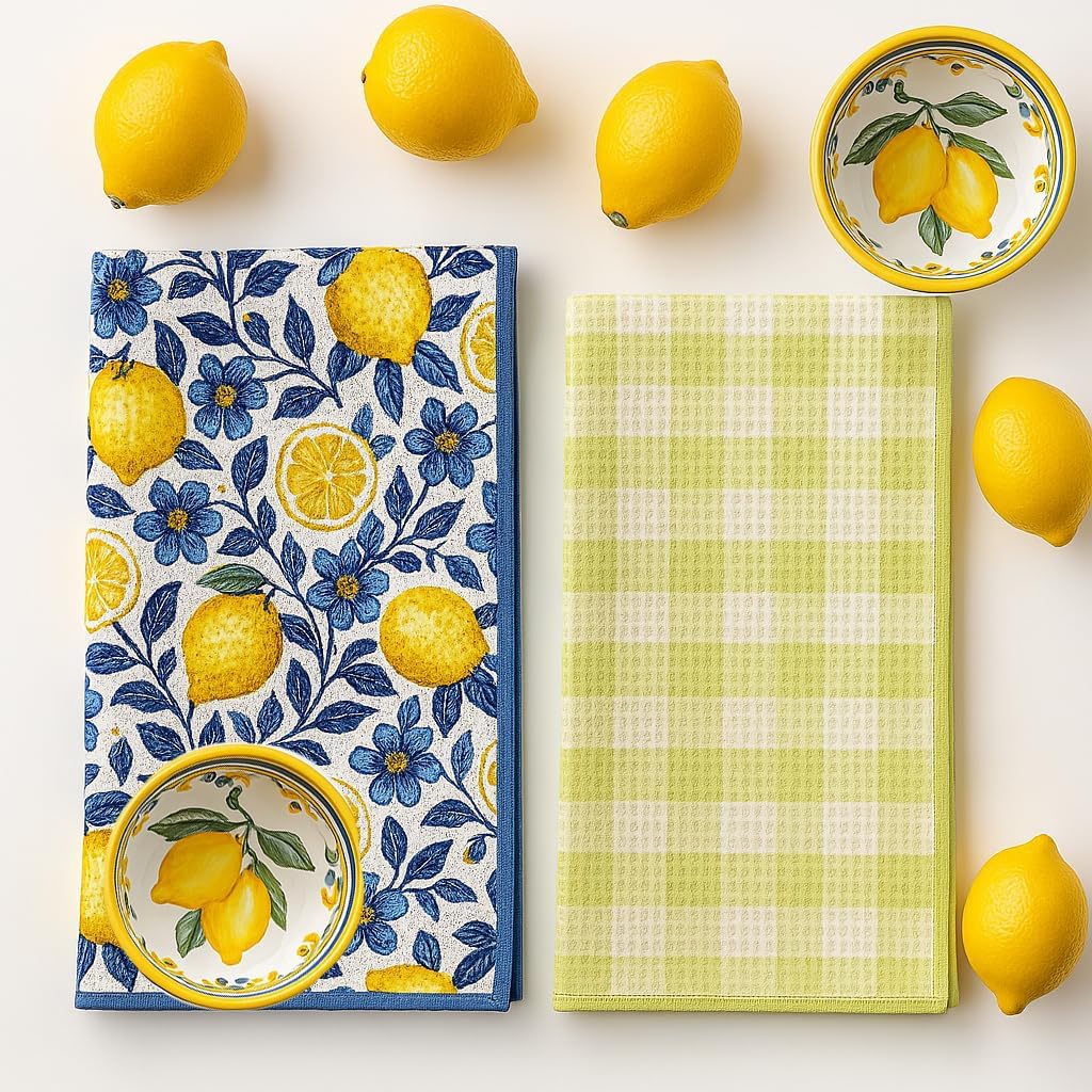 Lemon Kitchen Towels - Premium Quick Dry Microfiber Cloth Spring & Summer Dish Towels for Kitchen Drying - Premium Quick Dry Towel - 16x24 Inches - Italian Lemon (Set of 3)