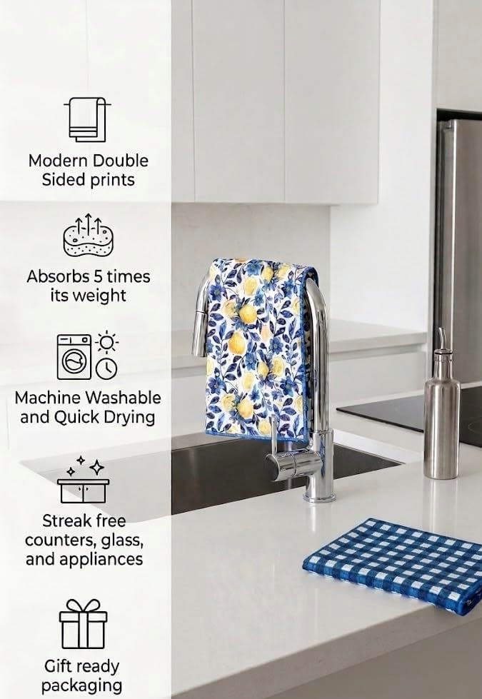 Lemon Kitchen Towels - Premium Quick Dry Microfiber Cloth Spring & Summer Dish Towels for Kitchen Drying - Premium Quick Dry Towel - 16x24 Inches - Italian Lemon (Set of 3)