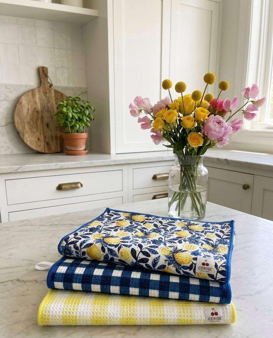 Lemon Kitchen Towels - Premium Quick Dry Microfiber Cloth Spring & Summer Dish Towels for Kitchen Drying - Premium Quick Dry Towel - 16x24 Inches - Italian Lemon (Set of 3)