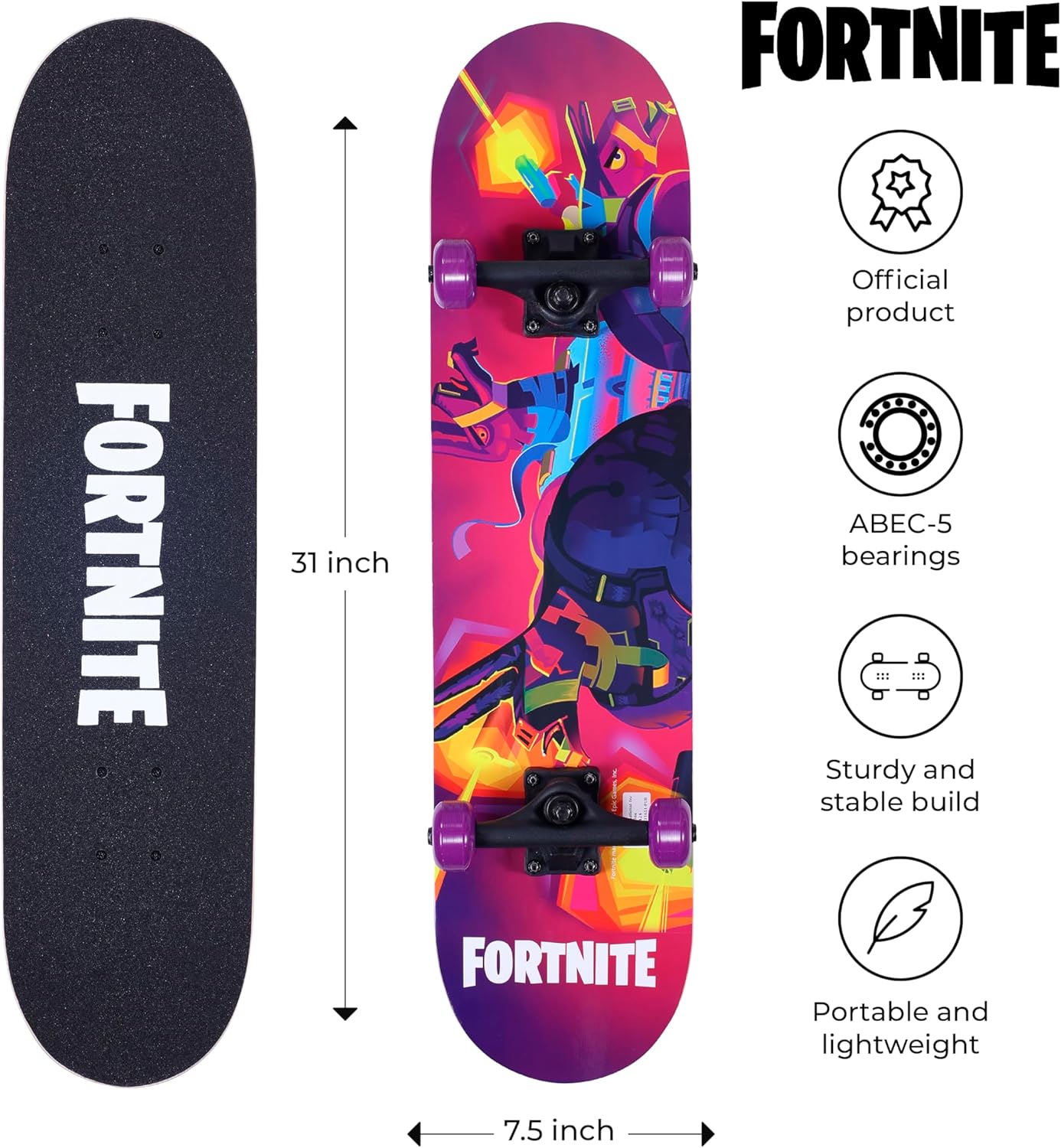 31-Inch Skateboard, 9-Ply Maple Deck, ABEC 5 Bearings