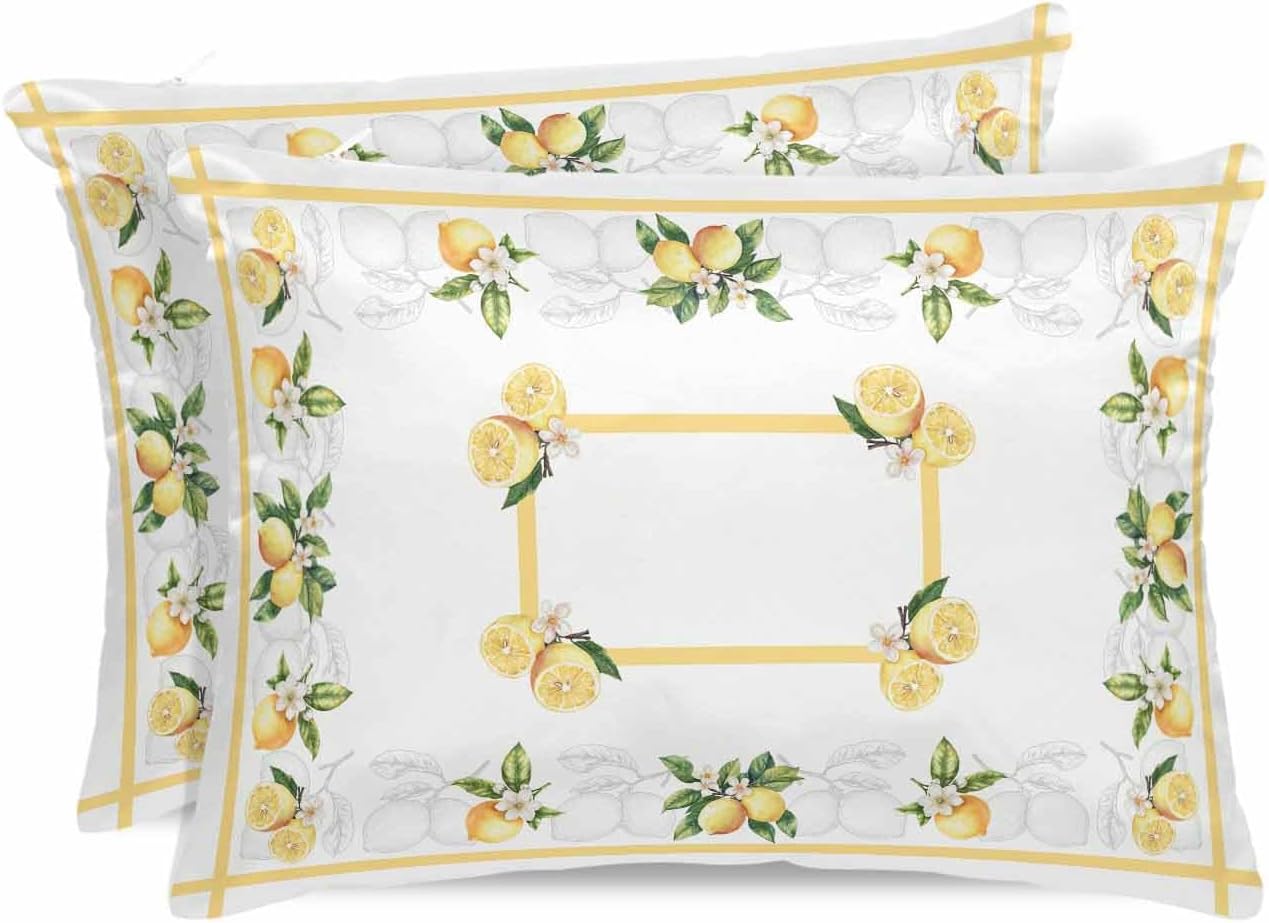 Rustic Lemon Satin Pillowcase for Hair and Skin 20" x 26" Lemon Leaves and Flowers Satin Pillow Cases with Invisible Zipper Yellow Stripe Smooth Cooling Wrinkle-Free Pillow Covers for Bedroom 2 Pcs