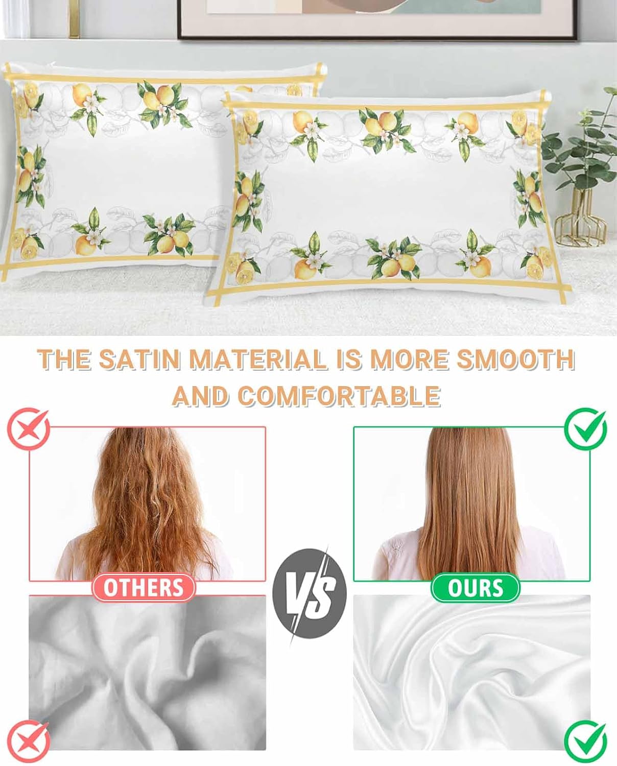 Rustic Lemon Satin Pillowcase for Hair and Skin 20" x 26" Lemon Leaves and Flowers Satin Pillow Cases with Invisible Zipper Yellow Stripe Smooth Cooling Wrinkle-Free Pillow Covers for Bedroom 2 Pcs