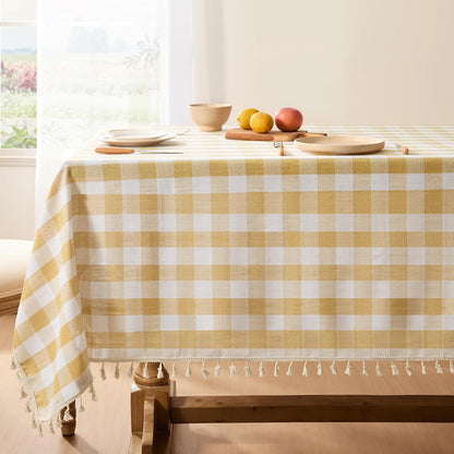 Checkered Tablecloth Rectangle, Outdoor Linen Cotton Gingham Table Cloth with Tassel, Heavy Duty Wrinkle Free Buffalo Plaid Table Cover for Kitchen Dining Summer Party - 55 x 84 Inch, Yellow