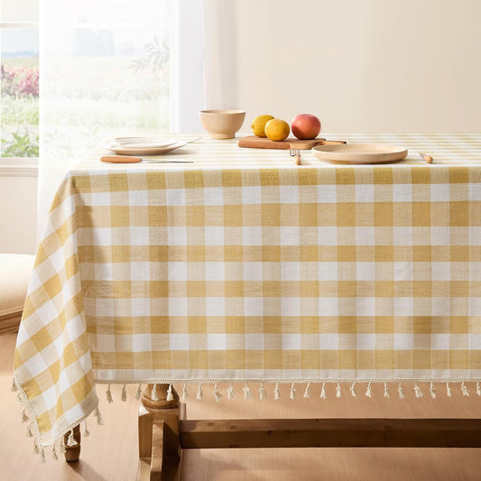 Checkered Tablecloth Rectangle, Outdoor Linen Cotton Gingham Table Cloth with Tassel, Heavy Duty Wrinkle Free Buffalo Plaid Table Cover for Kitchen Dining Summer Party - 55 x 84 Inch, Yellow