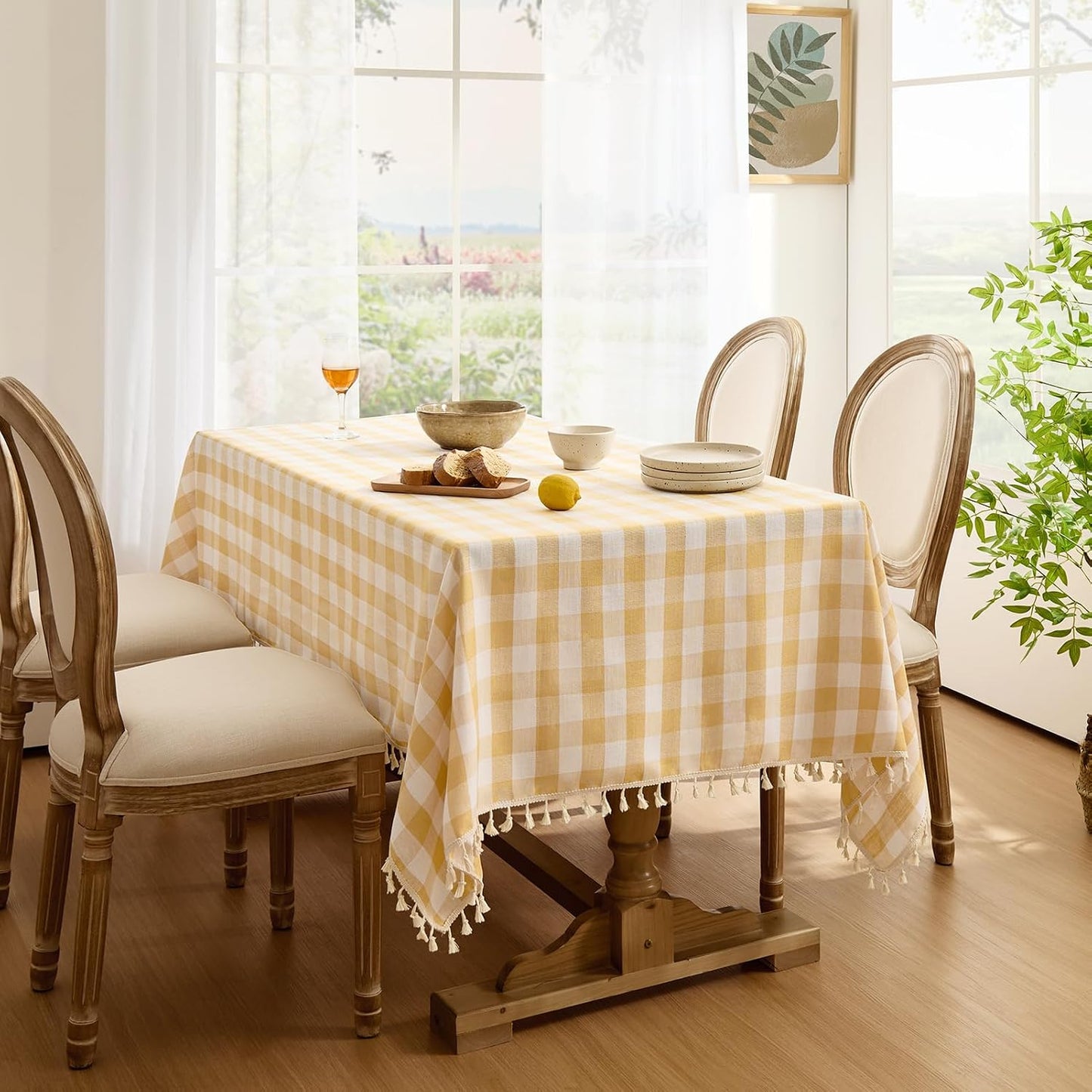 Checkered Tablecloth Rectangle, Outdoor Linen Cotton Gingham Table Cloth with Tassel, Heavy Duty Wrinkle Free Buffalo Plaid Table Cover for Kitchen Dining Summer Party - 55 x 84 Inch, Yellow