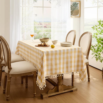 Checkered Tablecloth Rectangle, Outdoor Linen Cotton Gingham Table Cloth with Tassel, Heavy Duty Wrinkle Free Buffalo Plaid Table Cover for Kitchen Dining Summer Party - 55 x 84 Inch, Yellow