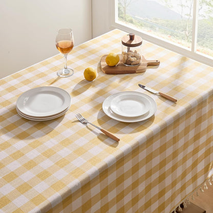Checkered Tablecloth Rectangle, Outdoor Linen Cotton Gingham Table Cloth with Tassel, Heavy Duty Wrinkle Free Buffalo Plaid Table Cover for Kitchen Dining Summer Party - 55 x 84 Inch, Yellow