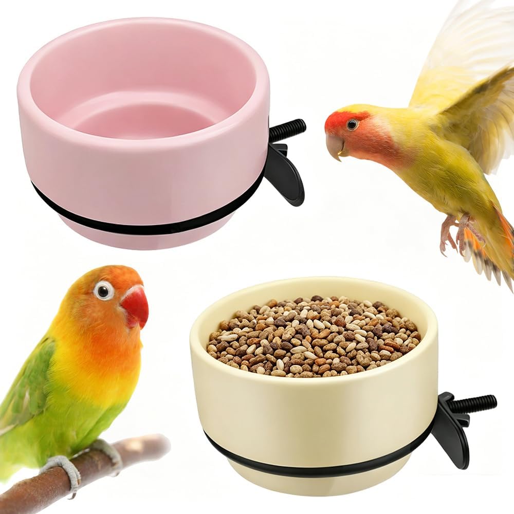 2 Pack Bird Food Bowl Detachable Hanging Cup Ceramic Bird Cage Feeder for Small Birds Parakeet Canary Finch Conure Cockatiel Lovebird (Pink and Yellow)