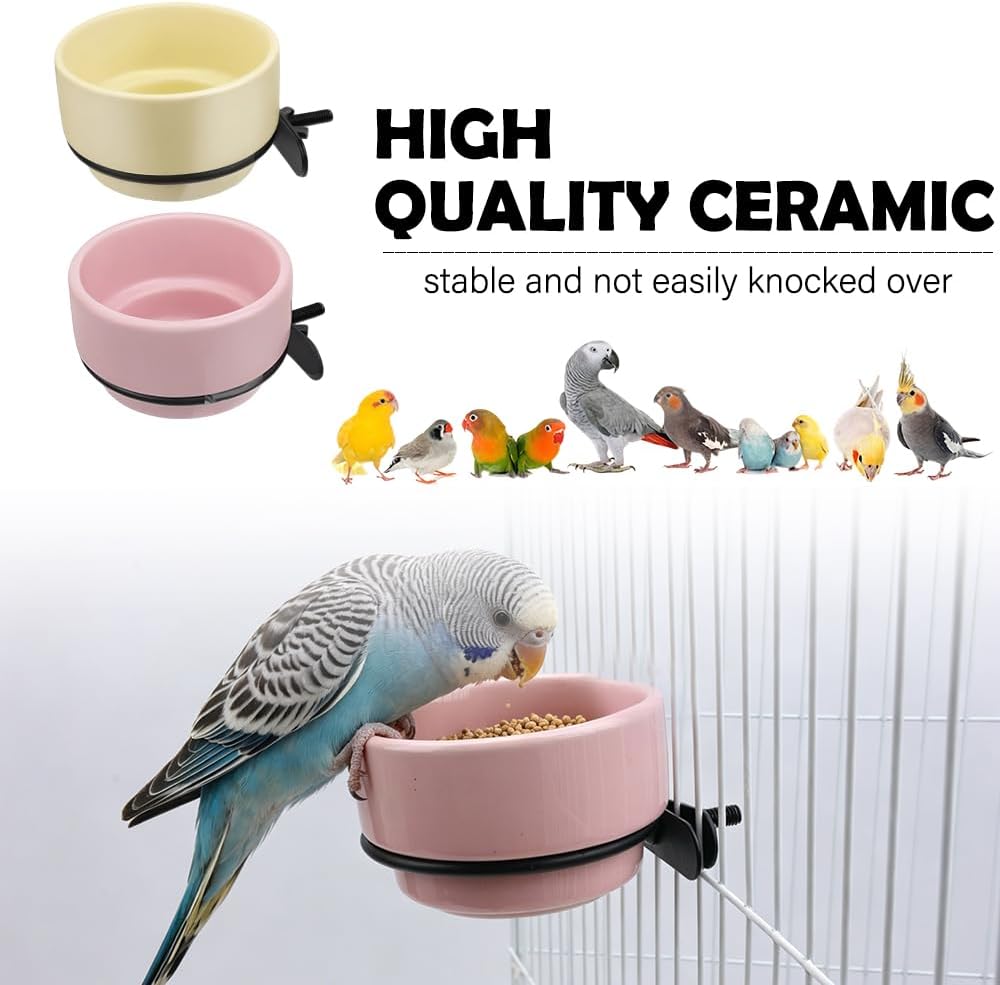 2 Pack Bird Food Bowl Detachable Hanging Cup Ceramic Bird Cage Feeder for Small Birds Parakeet Canary Finch Conure Cockatiel Lovebird (Pink and Yellow)