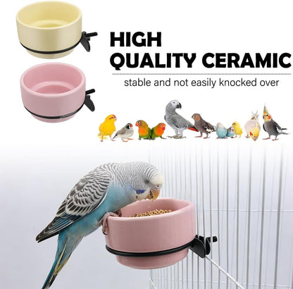2 Pack Bird Food Bowl Detachable Hanging Cup Ceramic Bird Cage Feeder for Small Birds Parakeet Canary Finch Conure Cockatiel Lovebird (Pink and Yellow)