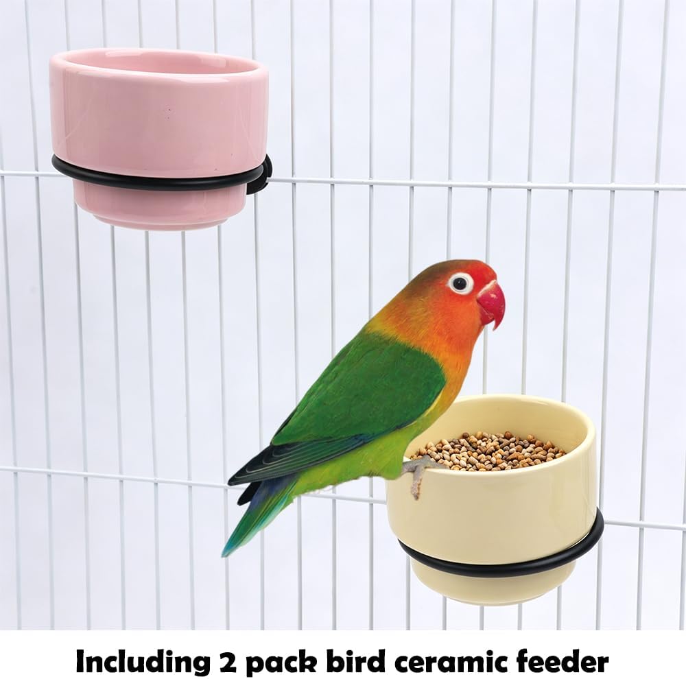 2 Pack Bird Food Bowl Detachable Hanging Cup Ceramic Bird Cage Feeder for Small Birds Parakeet Canary Finch Conure Cockatiel Lovebird (Pink and Yellow)