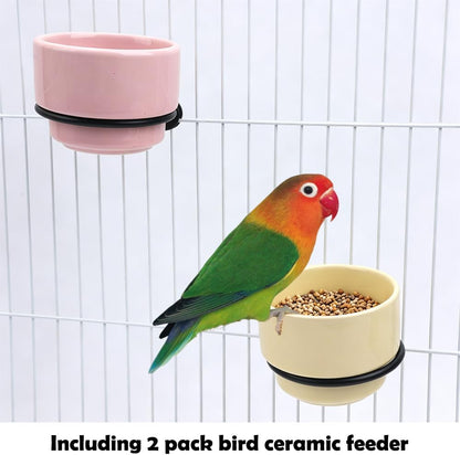 2 Pack Bird Food Bowl Detachable Hanging Cup Ceramic Bird Cage Feeder for Small Birds Parakeet Canary Finch Conure Cockatiel Lovebird (Pink and Yellow)