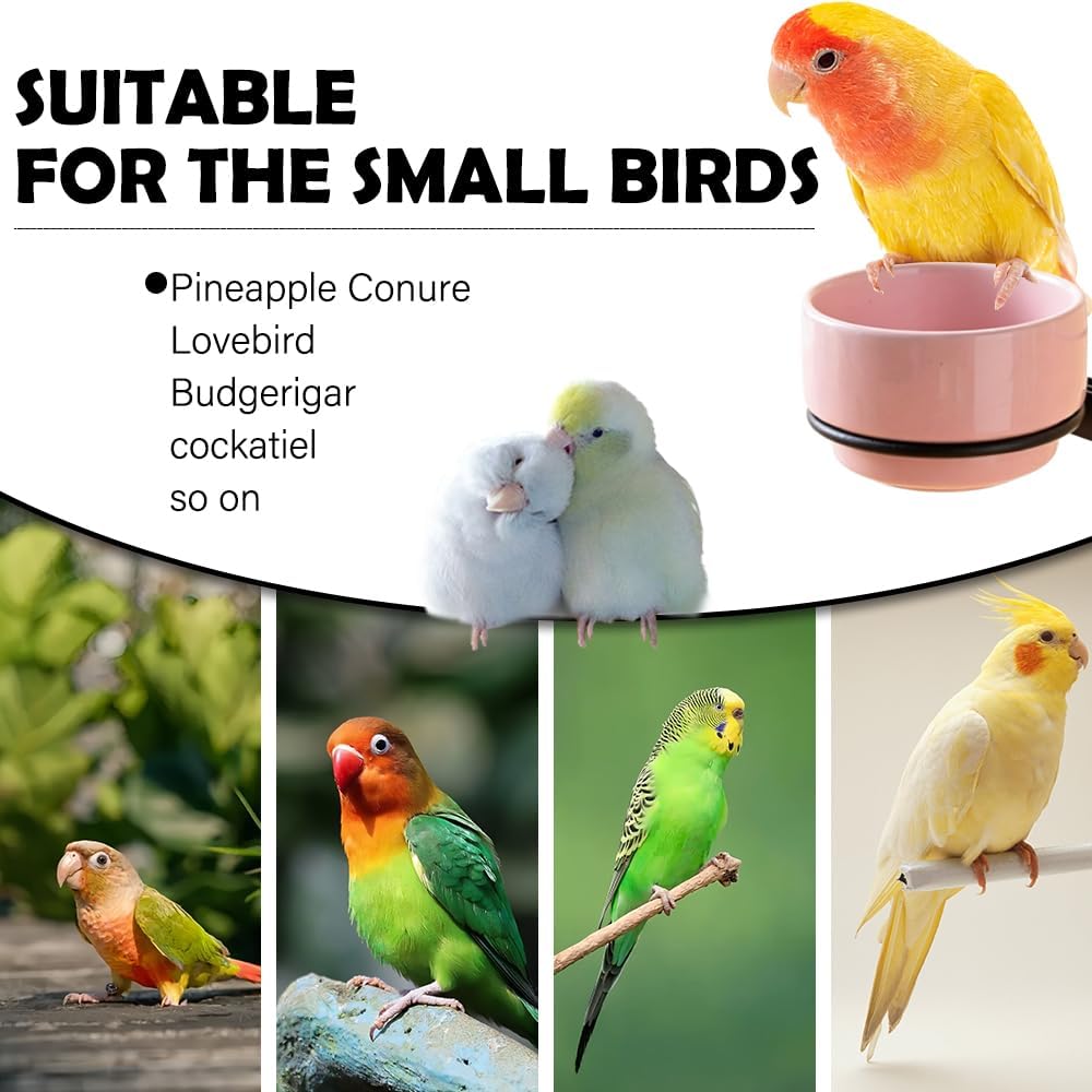 2 Pack Bird Food Bowl Detachable Hanging Cup Ceramic Bird Cage Feeder for Small Birds Parakeet Canary Finch Conure Cockatiel Lovebird (Pink and Yellow)