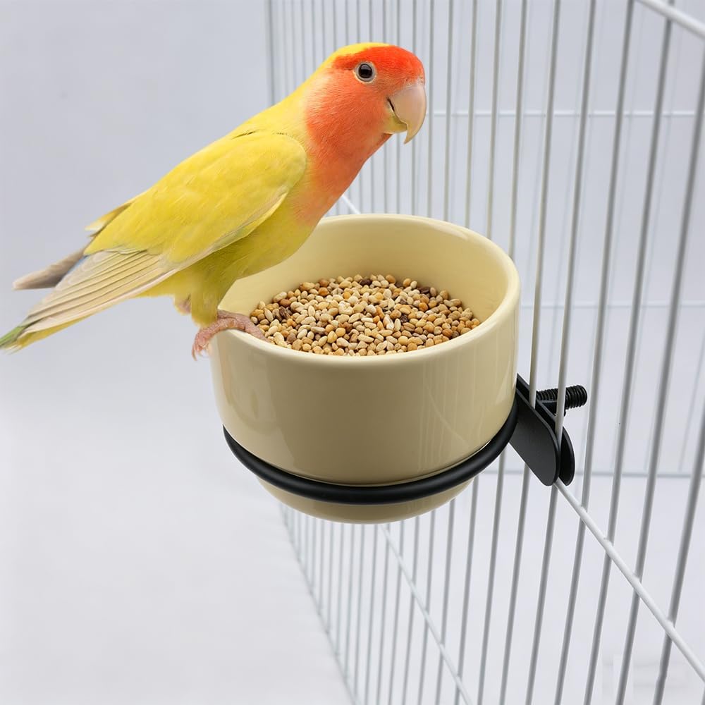 2 Pack Bird Food Bowl Detachable Hanging Cup Ceramic Bird Cage Feeder for Small Birds Parakeet Canary Finch Conure Cockatiel Lovebird (Pink and Yellow)
