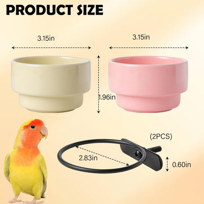 2 Pack Bird Food Bowl Detachable Hanging Cup Ceramic Bird Cage Feeder for Small Birds Parakeet Canary Finch Conure Cockatiel Lovebird (Pink and Yellow)