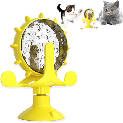 Cat Dog Treat Dispenser Toy - Cat Interactive Feeder (Yellow) | 360° Degree Rotating, Food Leakage Device Rotate, Interactive Cat Food Treats Dispenser Toy With Strong Suction Cup