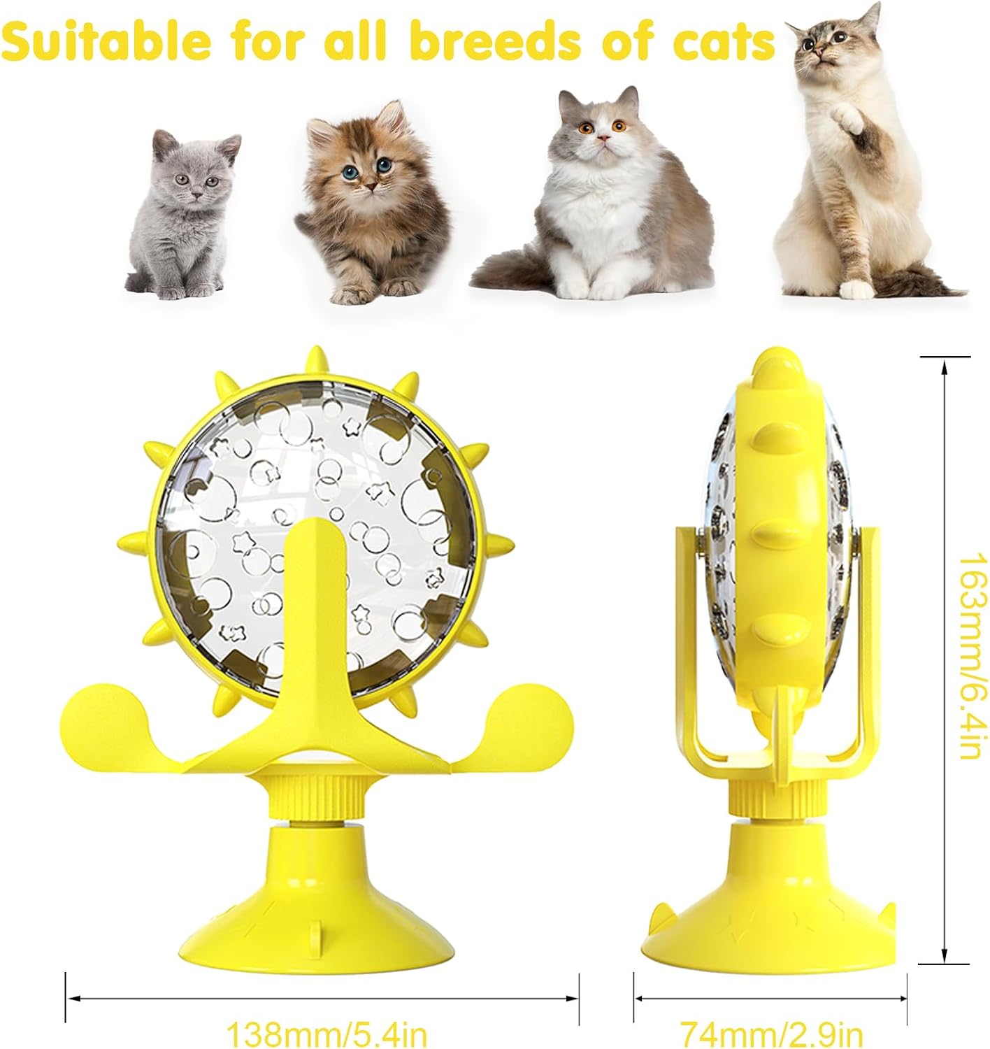 Cat Dog Treat Dispenser Toy - Cat Interactive Feeder (Yellow) | 360° Degree Rotating, Food Leakage Device Rotate, Interactive Cat Food Treats Dispenser Toy With Strong Suction Cup