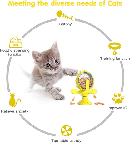 Cat Dog Treat Dispenser Toy - Cat Interactive Feeder (Yellow) | 360° Degree Rotating, Food Leakage Device Rotate, Interactive Cat Food Treats Dispenser Toy With Strong Suction Cup