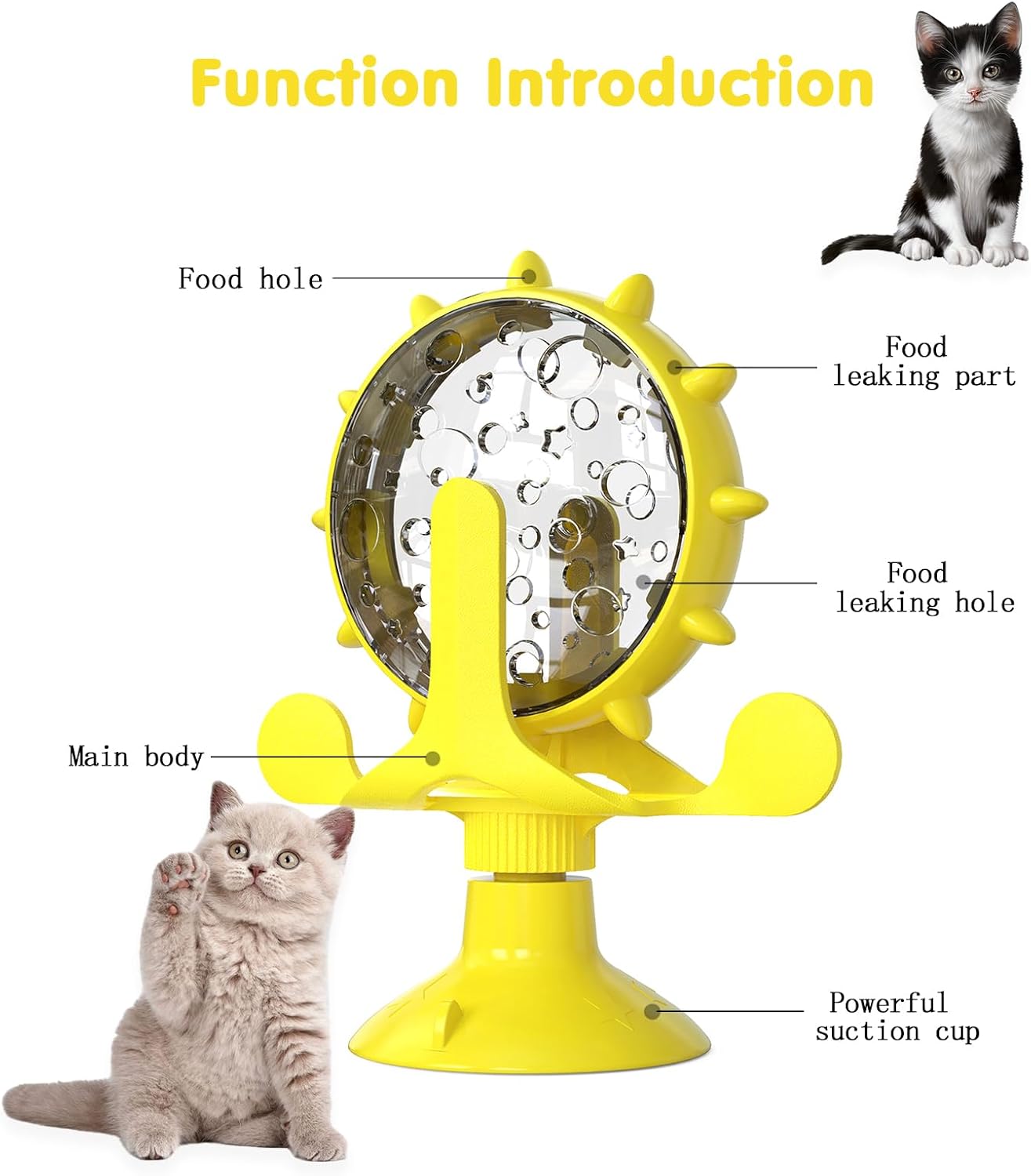Cat Dog Treat Dispenser Toy - Cat Interactive Feeder (Yellow) | 360° Degree Rotating, Food Leakage Device Rotate, Interactive Cat Food Treats Dispenser Toy With Strong Suction Cup