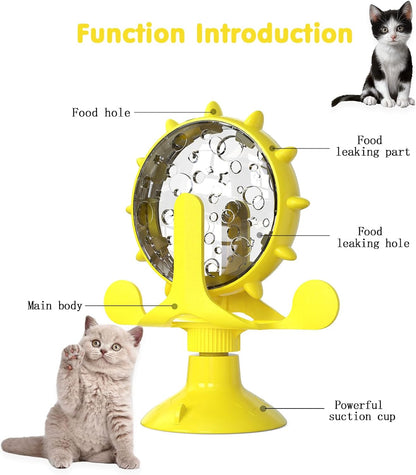 Cat Dog Treat Dispenser Toy - Cat Interactive Feeder (Yellow) | 360° Degree Rotating, Food Leakage Device Rotate, Interactive Cat Food Treats Dispenser Toy With Strong Suction Cup