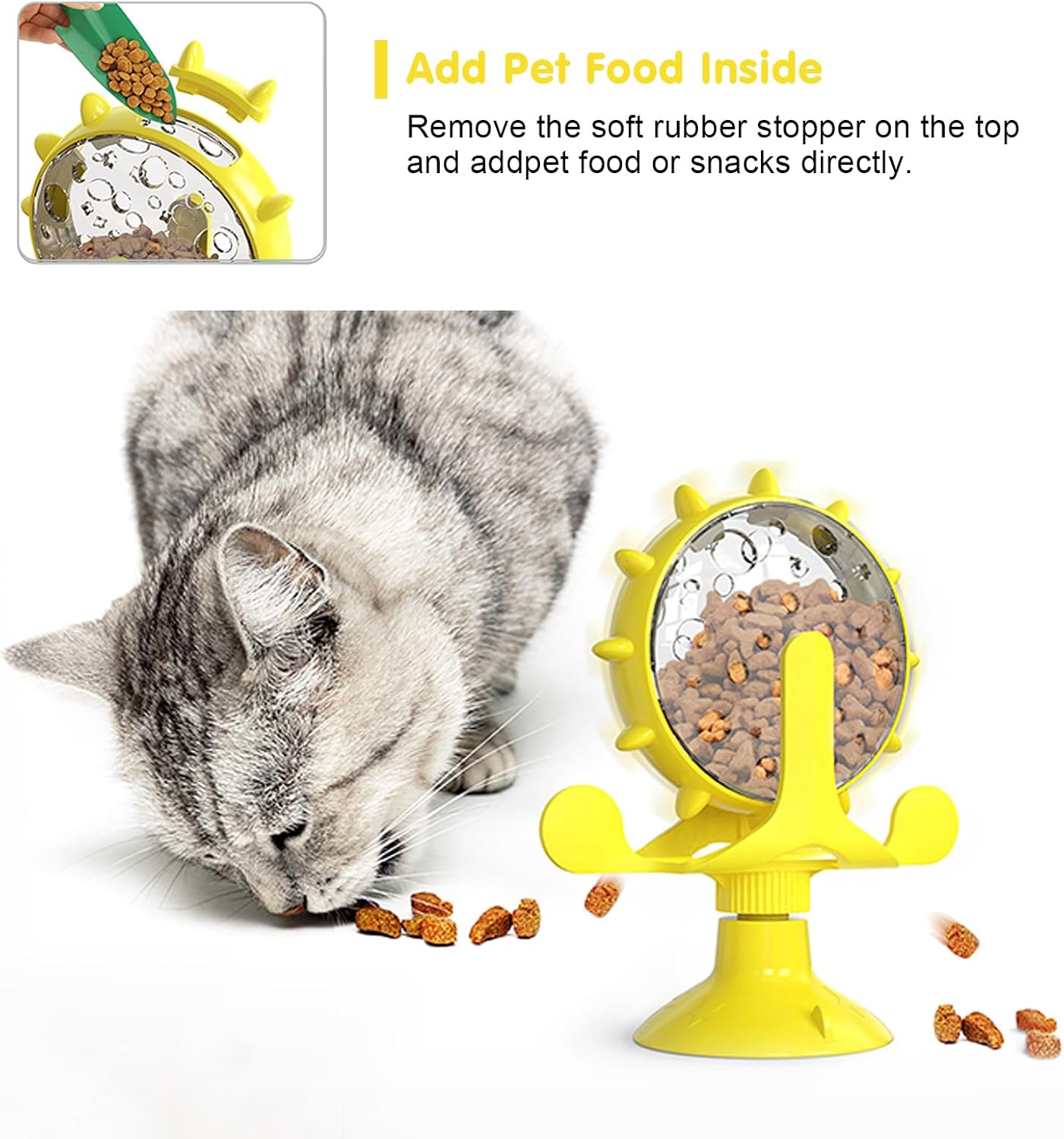 Cat Dog Treat Dispenser Toy - Cat Interactive Feeder (Yellow) | 360° Degree Rotating, Food Leakage Device Rotate, Interactive Cat Food Treats Dispenser Toy With Strong Suction Cup
