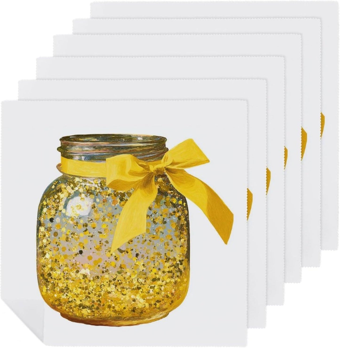 Honey Jar with Golden Glitter Yellow Bow Cloth Napkins Set of 6, Square Premium Reusable Washable Polyester Table Linen Napkin for Dinner Party