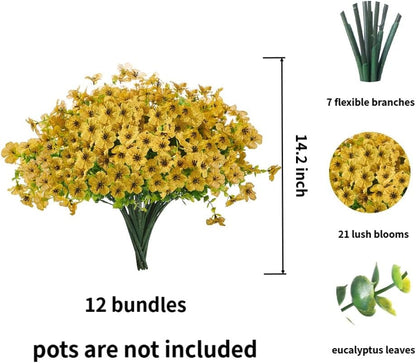 Artificial Outdoor Flowers UV Resistant Fake Plants Greenery 12 Bundles Faux Silk Daisy with Eucalyptus Leaves Summer Outdoor Memorial Day Decor for Porch Patio Yard Garden Farmhouse, Yellow
