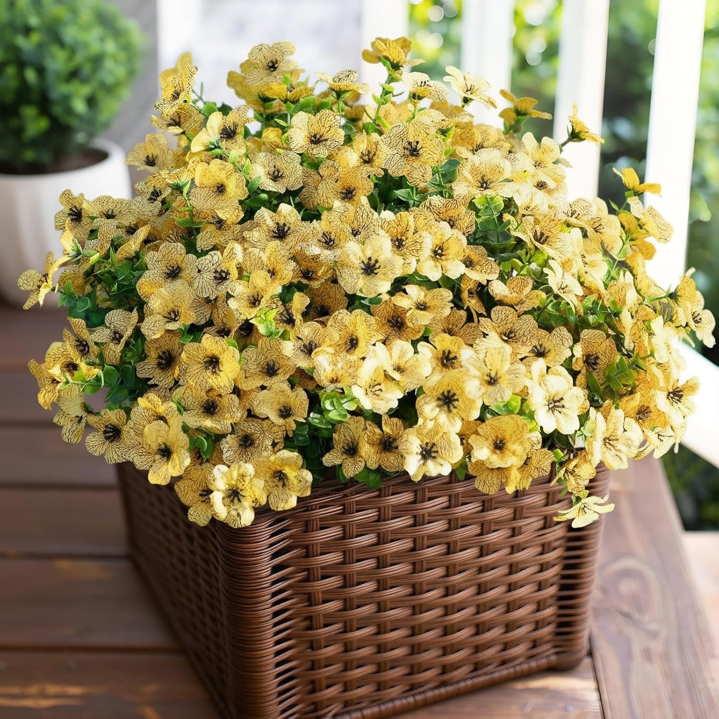 Artificial Outdoor Flowers UV Resistant Fake Plants Greenery 12 Bundles Faux Silk Daisy with Eucalyptus Leaves Summer Outdoor Memorial Day Decor for Porch Patio Yard Garden Farmhouse, Yellow