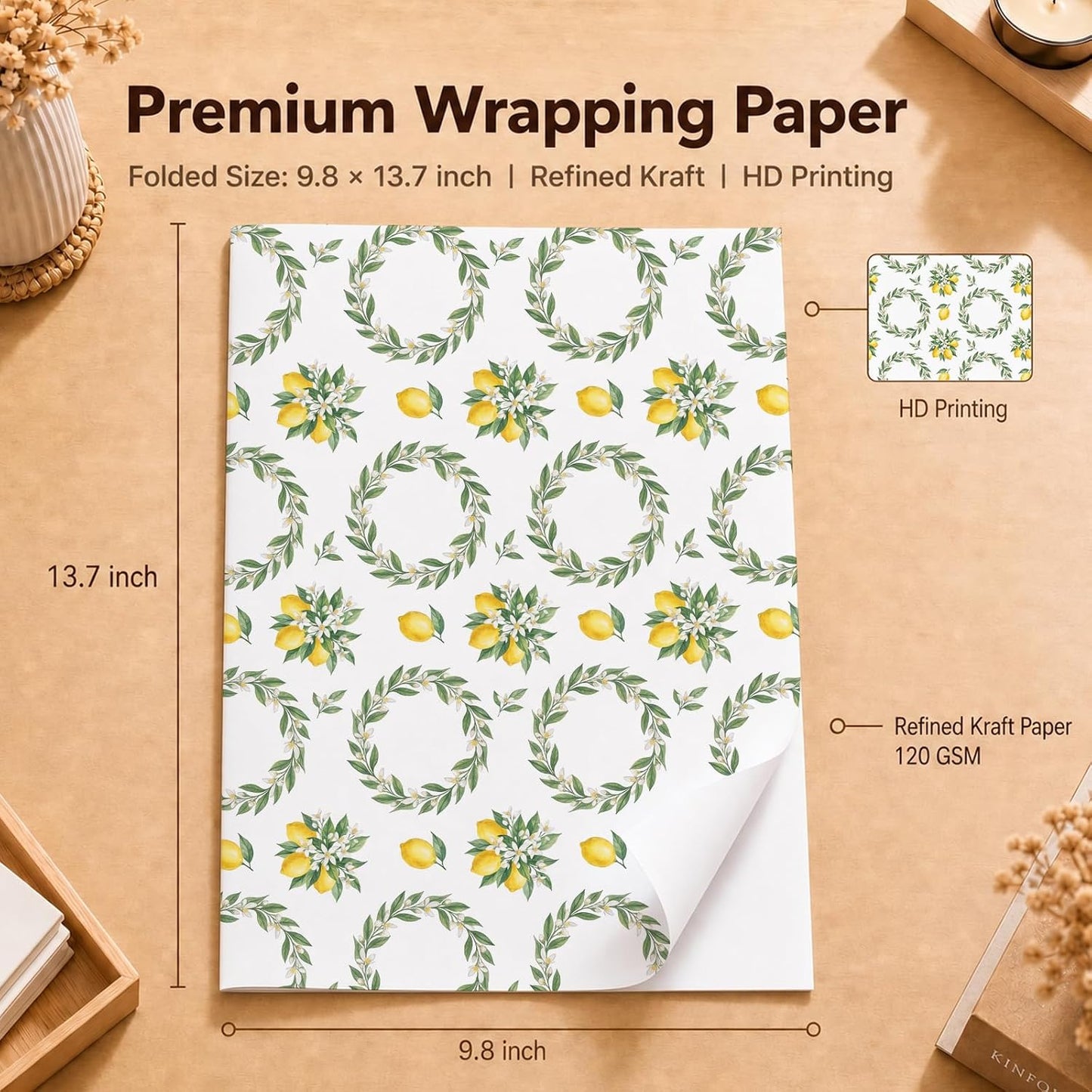 Lemon Wrapping Paper, Botanical Gift Wrap, 2 Sheets, 120 GSM | Lemon Garden Wrapping Paper, Aesthetic Botanical Print, Sunshine Design for Birthday and Bridal Shower Gifts