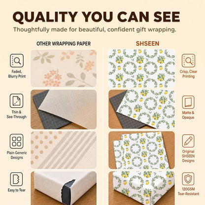 Lemon Wrapping Paper, Botanical Gift Wrap, 2 Sheets, 120 GSM | Lemon Garden Wrapping Paper, Aesthetic Botanical Print, Sunshine Design for Birthday and Bridal Shower Gifts