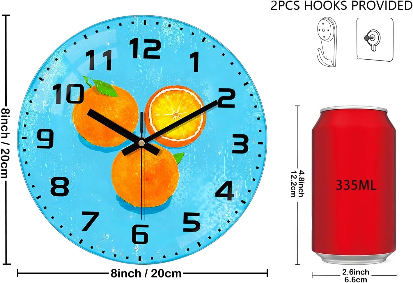 Lemon , 8 Inch Silent Non-Ticking Battery Operated Clock | Large Number Analog Glass Wall Clocks Lemon Decorations for Kitchen Living Room Bedroom Summer-Themed Spaces
