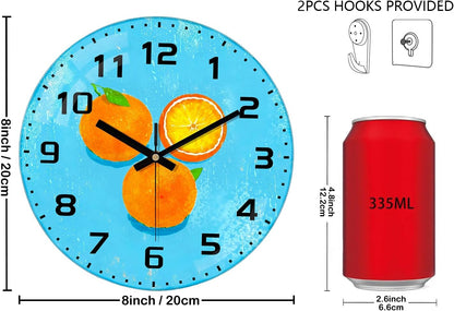Lemon , 8 Inch Silent Non-Ticking Battery Operated Clock | Large Number Analog Glass Wall Clocks Lemon Decorations for Kitchen Living Room Bedroom Summer-Themed Spaces