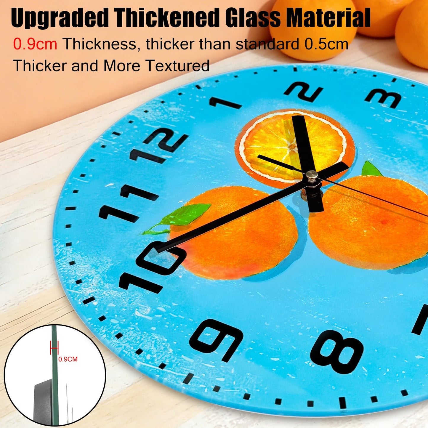 Lemon , 8 Inch Silent Non-Ticking Battery Operated Clock | Large Number Analog Glass Wall Clocks Lemon Decorations for Kitchen Living Room Bedroom Summer-Themed Spaces