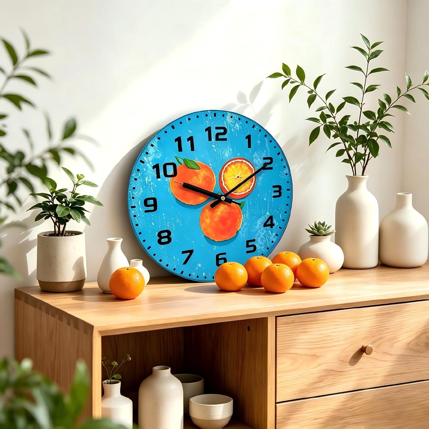 Lemon , 8 Inch Silent Non-Ticking Battery Operated Clock | Large Number Analog Glass Wall Clocks Lemon Decorations for Kitchen Living Room Bedroom Summer-Themed Spaces