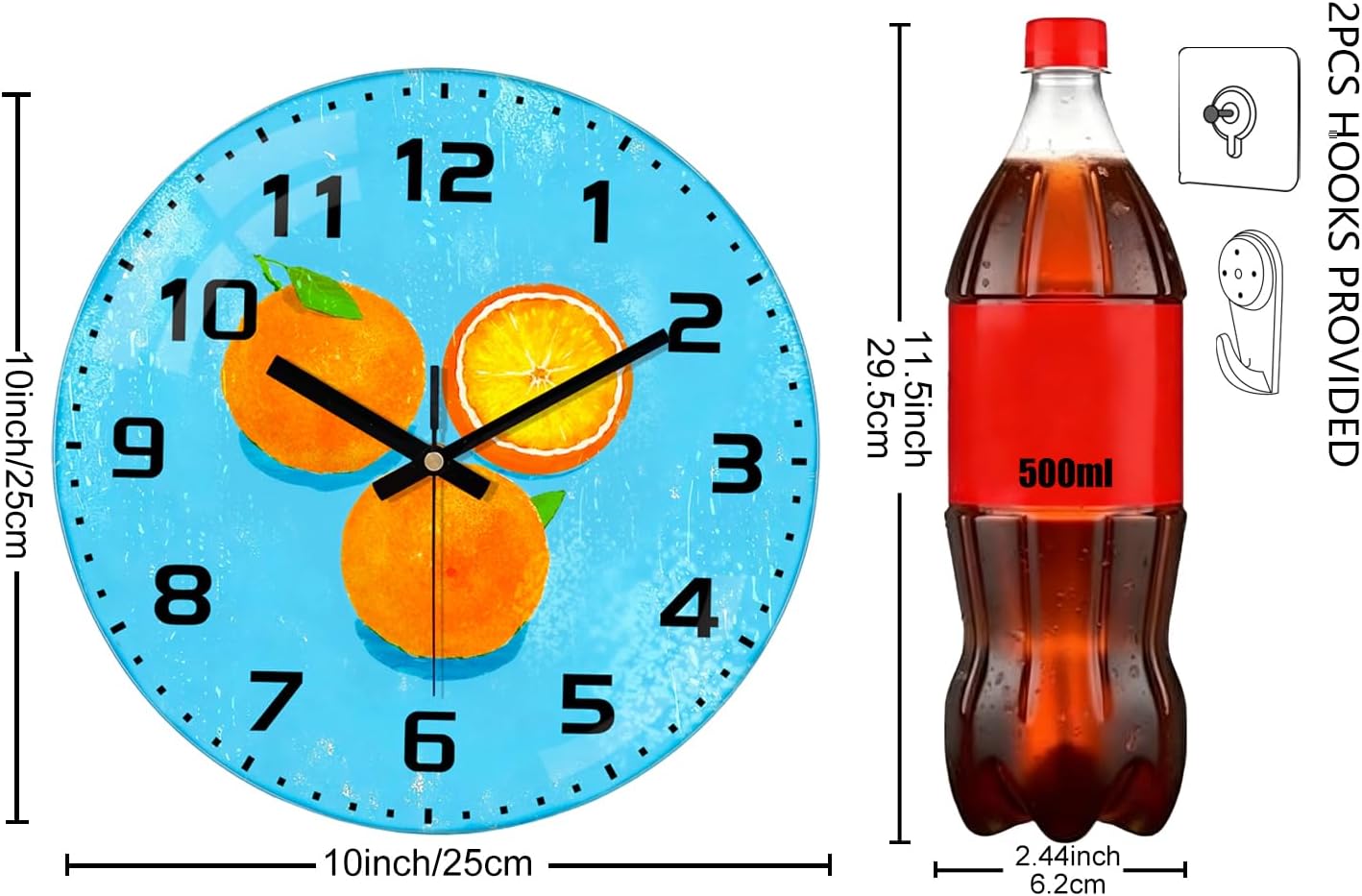 Lemon , 8 Inch Silent Non-Ticking Battery Operated Clock | Large Number Analog Glass Wall Clocks Lemon Decorations for Kitchen Living Room Bedroom Summer-Themed Spaces