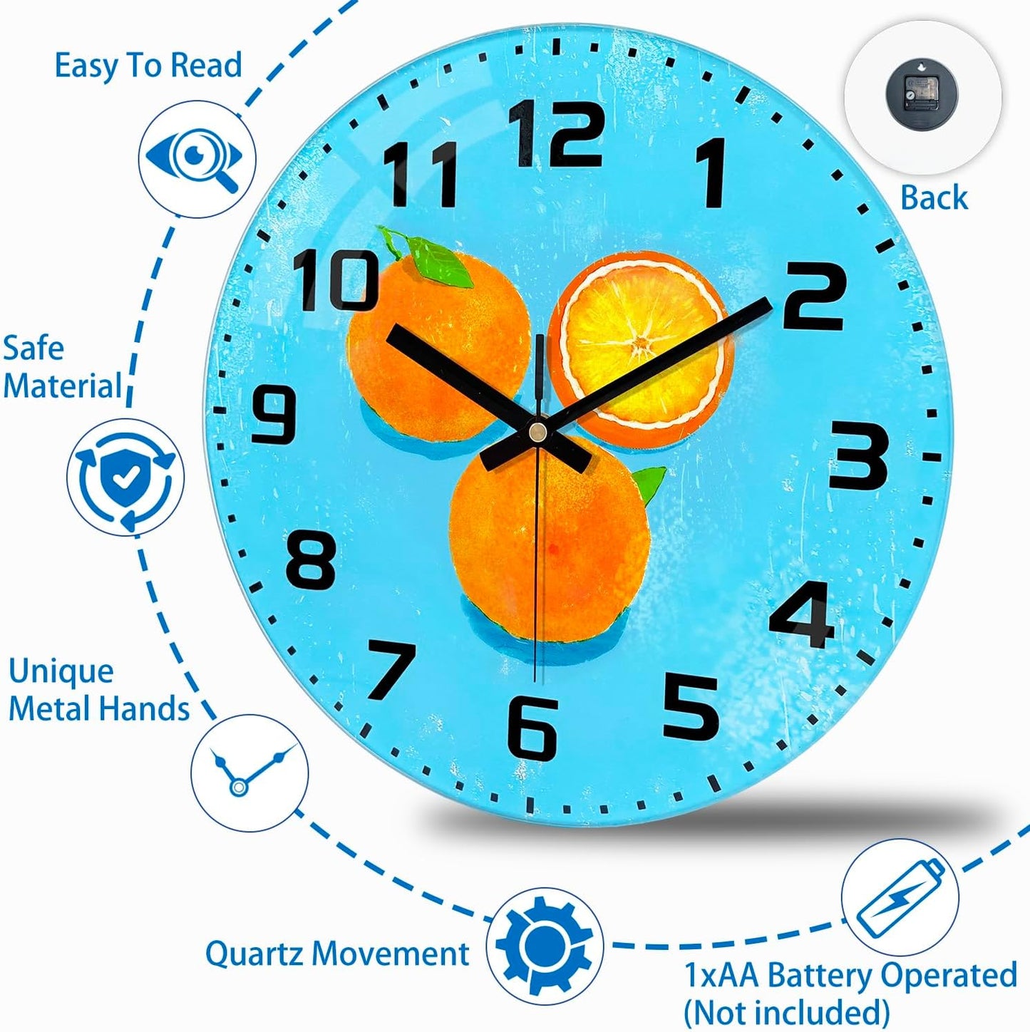 Lemon , 8 Inch Silent Non-Ticking Battery Operated Clock | Large Number Analog Glass Wall Clocks Lemon Decorations for Kitchen Living Room Bedroom Summer-Themed Spaces
