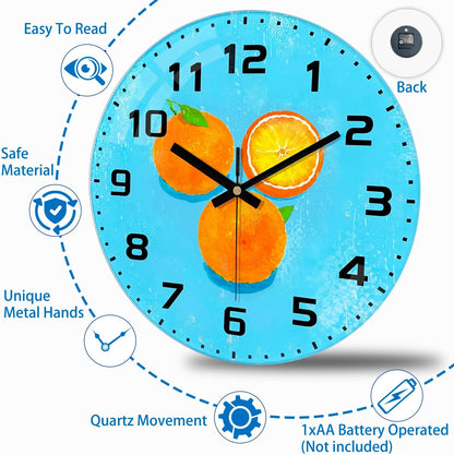 Lemon , 8 Inch Silent Non-Ticking Battery Operated Clock | Large Number Analog Glass Wall Clocks Lemon Decorations for Kitchen Living Room Bedroom Summer-Themed Spaces