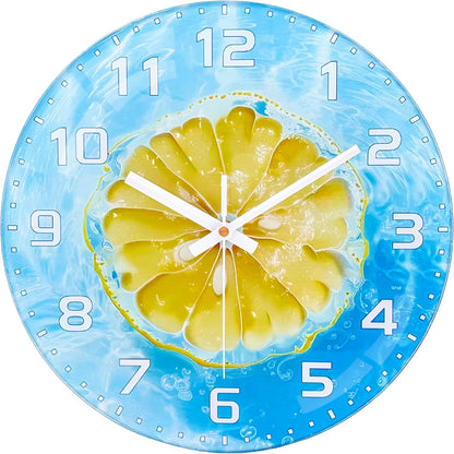 Lemon , 8 Inch Silent Non-Ticking Battery Operated Clock | Large Number Analog Glass Wall Clocks Lemon Decorations for Kitchen Living Room Bedroom Summer-Themed Spaces