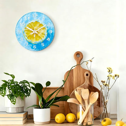 Lemon , 8 Inch Silent Non-Ticking Battery Operated Clock | Large Number Analog Glass Wall Clocks Lemon Decorations for Kitchen Living Room Bedroom Summer-Themed Spaces