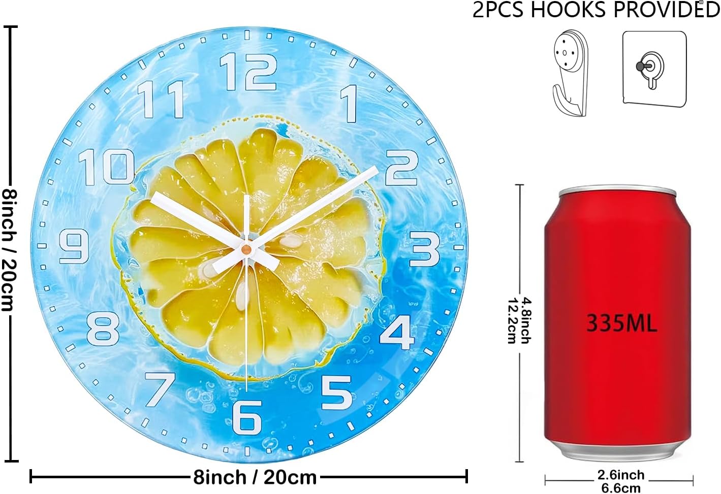 Lemon , 8 Inch Silent Non-Ticking Battery Operated Clock | Large Number Analog Glass Wall Clocks Lemon Decorations for Kitchen Living Room Bedroom Summer-Themed Spaces